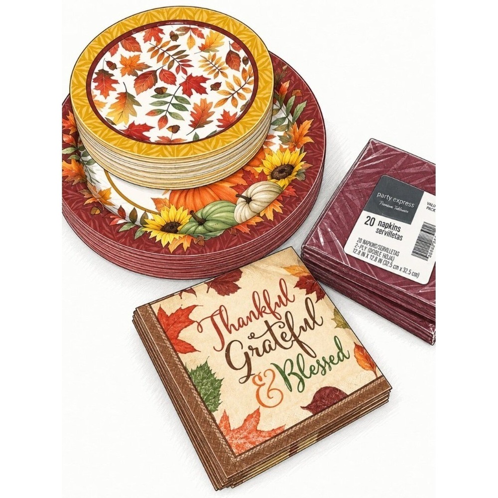 Party Express Fall Thanksgiving Paper Plates Napkins Set Harvest Pumpkin Decor
